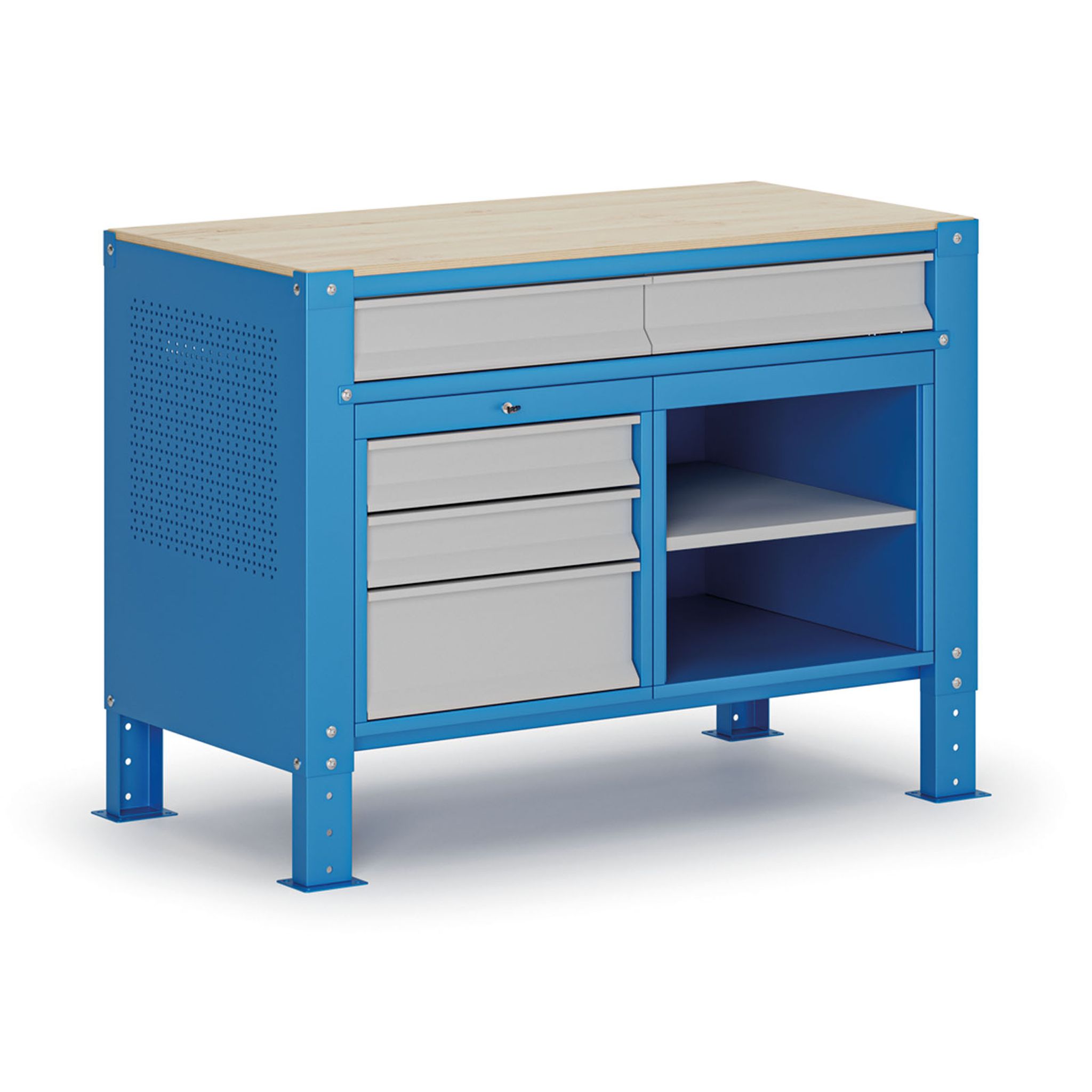 Werkbank G9, 1 Ablage, 5 Schubladen, höhenverstellbar, 1180 x 595 x 715-975 mm, grau/blau