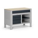 Werkbank G9, 1 Ablage, 5 Schubladen, höhenverstellbar, 1180 x 595 x 715-975 mm, grau/Graphit Werkbank G9, 1 Ablage, 5 Schubladen, höhenverstellbar, 1180 x 595 x 715-975 mm, grau/Graphit
