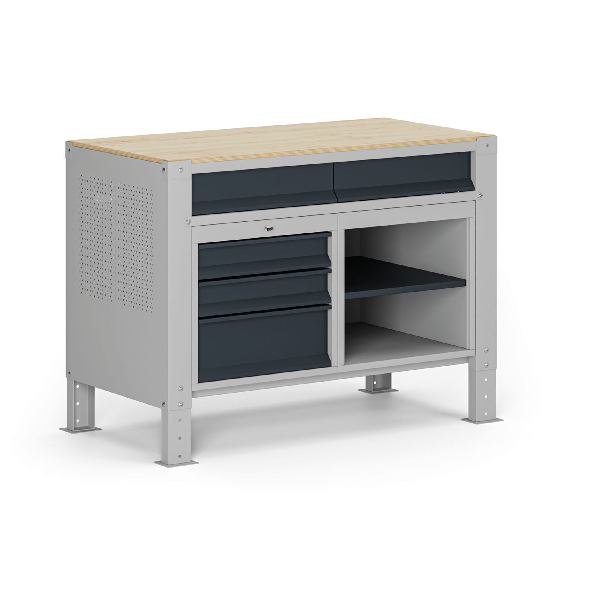 Werkbank G9, 1 Ablage, 5 Schubladen, höhenverstellbar, 1180 x 595 x 715-975 mm, grau/Graphit Werkbank G9, 1 Ablage, 5 Schubladen, höhenverstellbar, 1180 x 595 x 715-975 mm, grau/Graphit