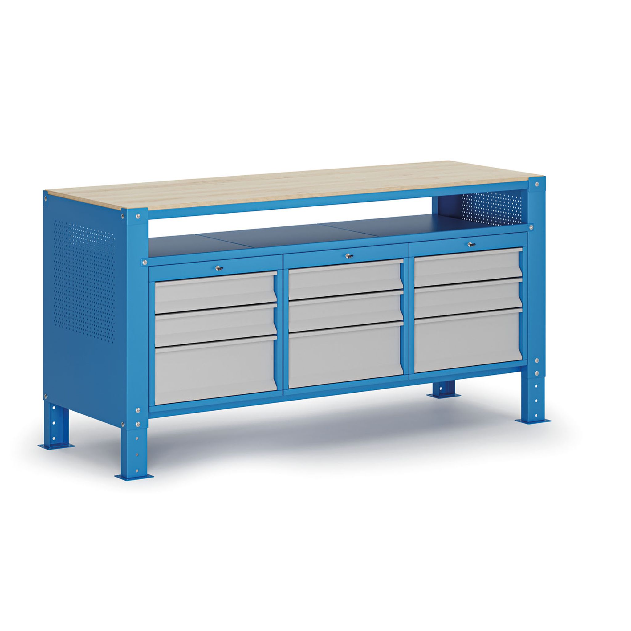 Werkbank G9, 1 Ablage, 9 Schubladen, höhenverstellbar, 1690 x 595 x 715-975 mm, grau/blau