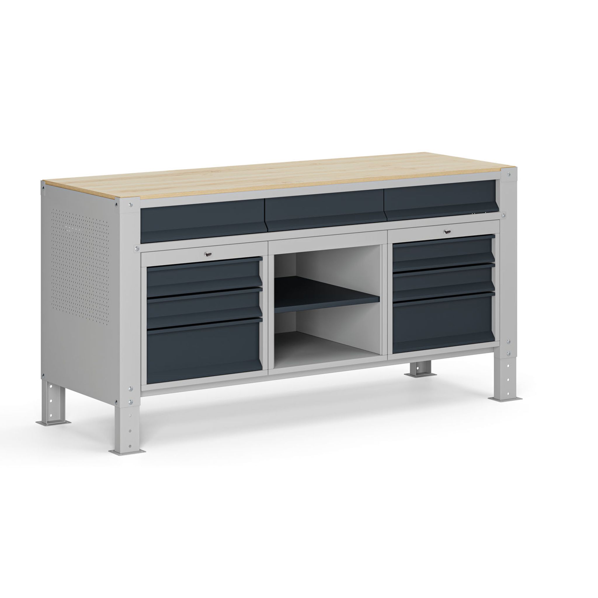 Werkbank G9, 1 Ablage, 9 Schubladen, höhenverstellbar, 1690 x 595 x 715-975 mm, grau/Graphit