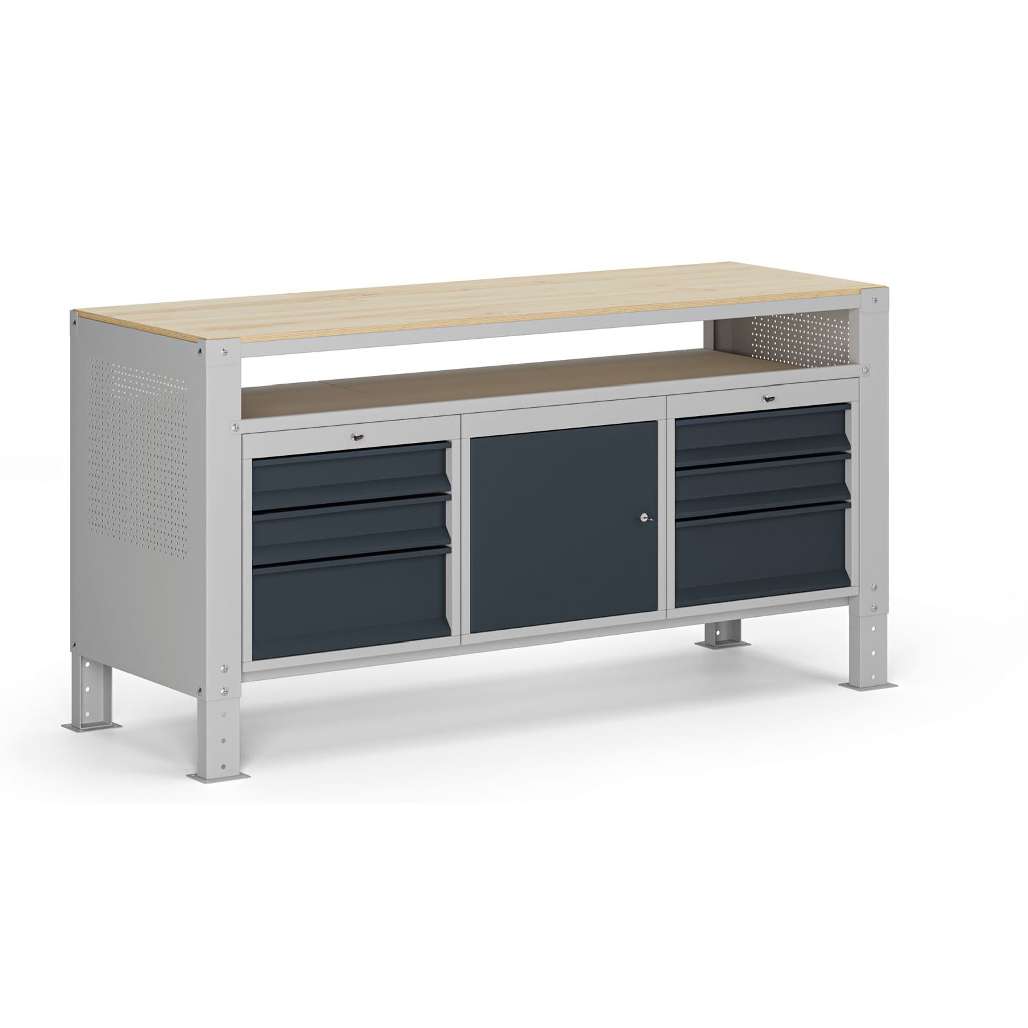 Werkbank G9, 1 obere Ablage, 1 Schrank, 6 Schubladen, höhenverstellbar, 1690 x 595 x 715-975 mm, grau/Graphit