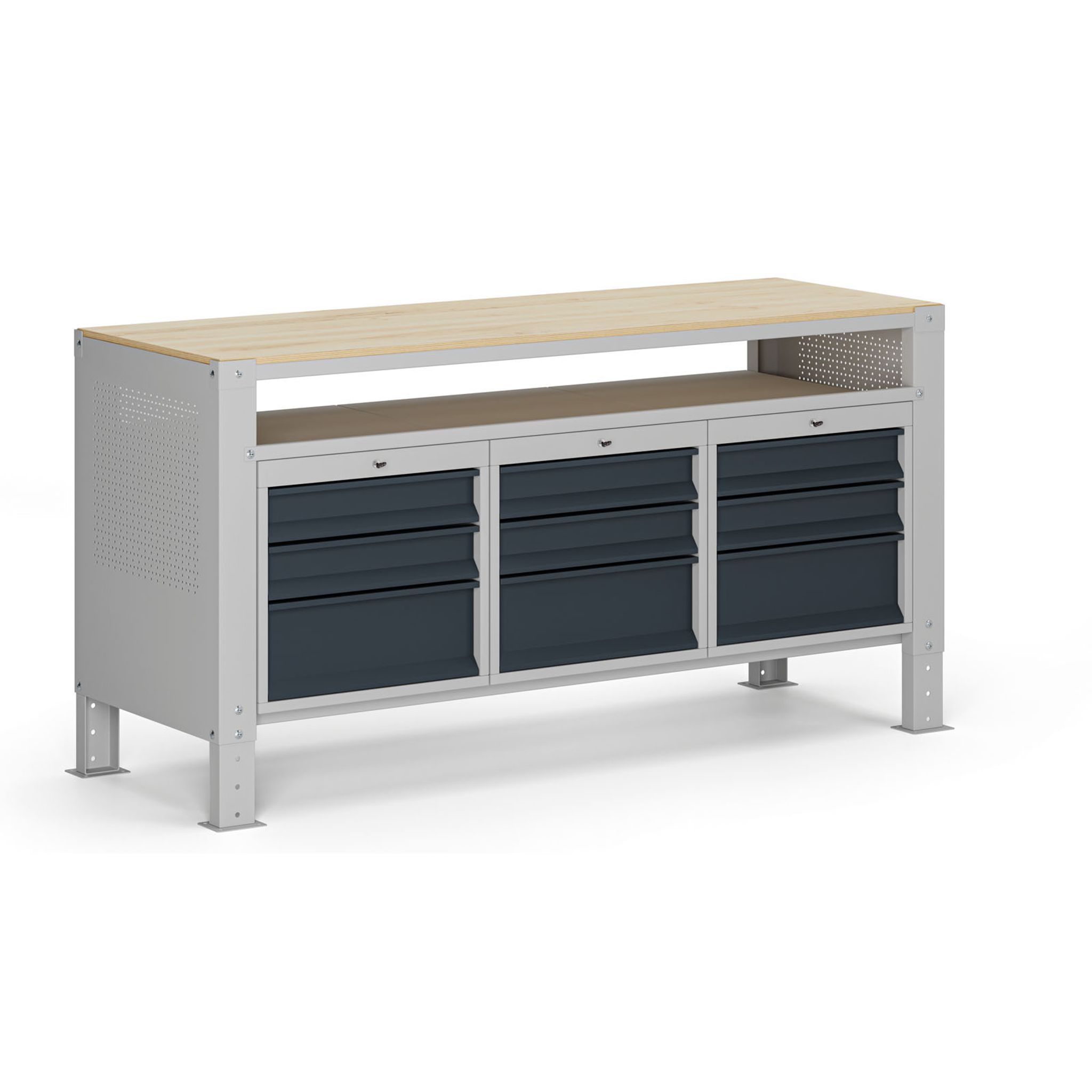 Werkbank G9, 1 obere Ablage, 9 Schubladen, höhenverstellbar, 1690 x 595 x 715-975 mm, grau/Graphit