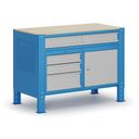 Werkbank G9, 1 Schrank, 5 Schubladen, höhenverstellbar, 1180 x 595 x 715-975 mm, grau/blau
