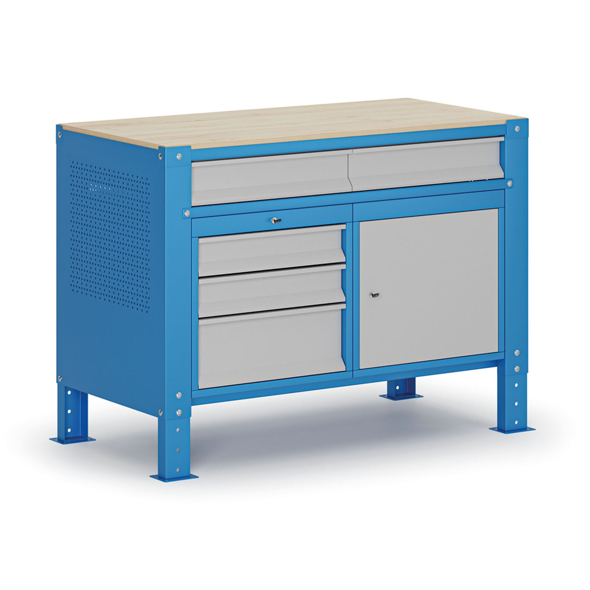 Werkbank G9, 1 Schrank, 5 Schubladen, höhenverstellbar, 1180 x 595 x 715-975 mm, grau/blau