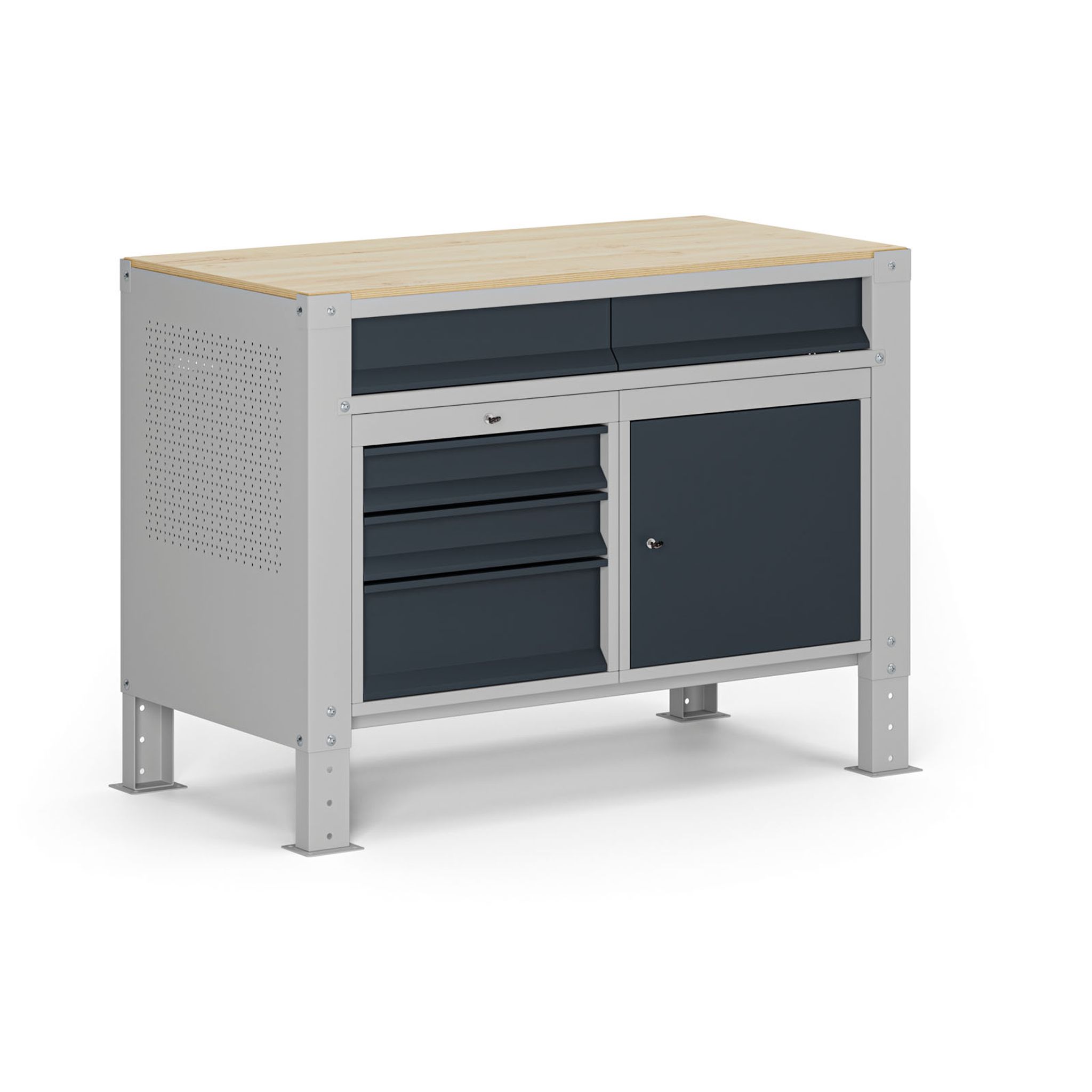 Werkbank G9, 1 Schrank, 5 Schubladen, höhenverstellbar, 1180 x 595 x 715-975 mm, grau/Graphit Werkbank G9, 1 Schrank, 5 Schubladen, höhenverstellbar, 1180 x 595 x 715-975 mm, grau/Graphit