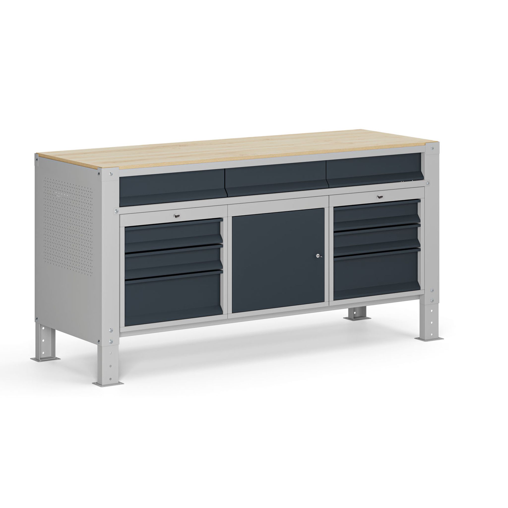 Werkbank G9, 1 Schrank, 9 Schubladen, höhenverstellbar, 1690 x 595 x 715-975 mm, grau/Graphit