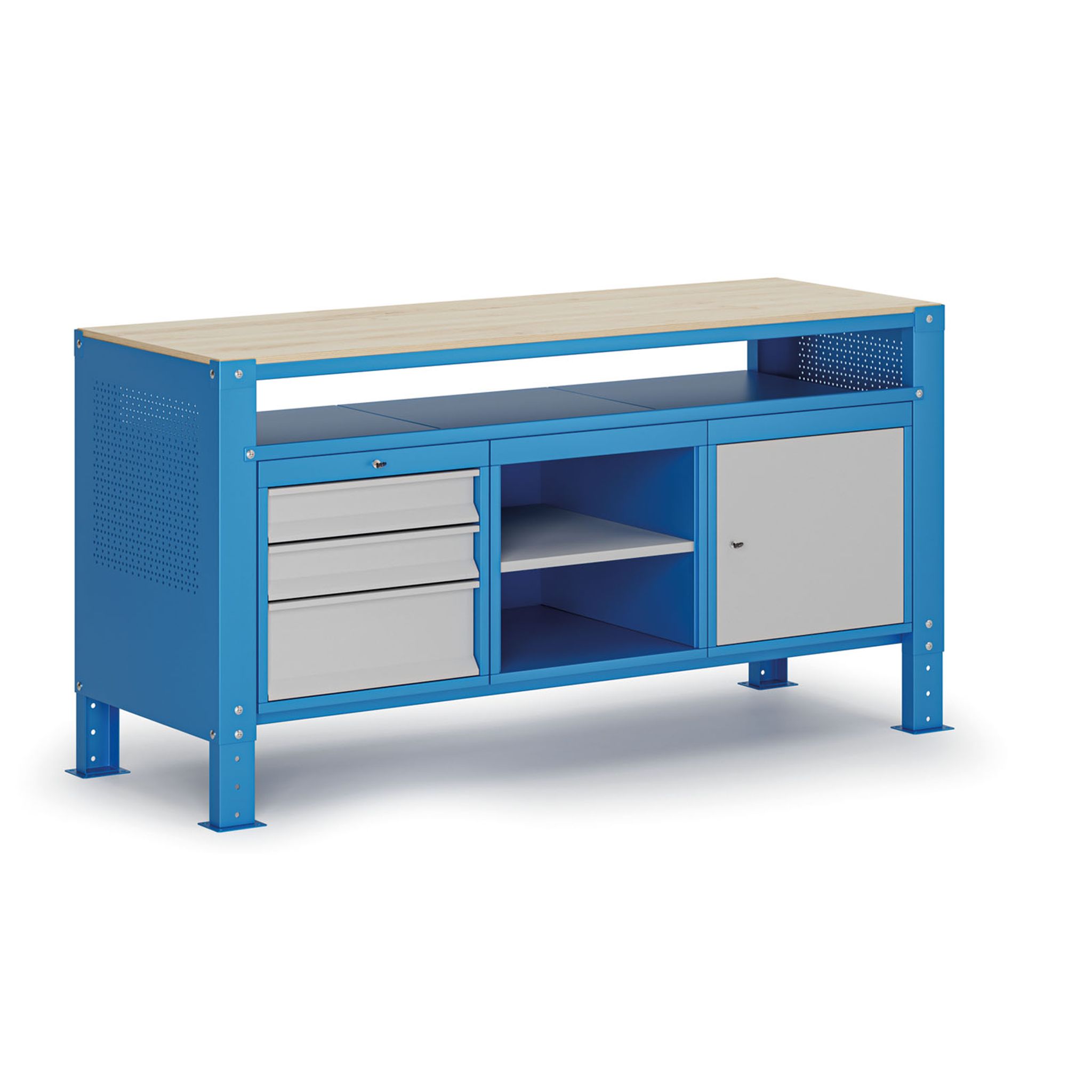 Werkbank G9, 2 Ablagen, 1 Schrank, 3 Schubladen, höhenverstellbar, 1690 x 595 x 715-975 mm, grau/blau