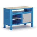 Werkbank G9, 2 Ablagen, 1 Schrank, höhenverstellbar, 1180 x 595 x 715-975 mm, grau/blau