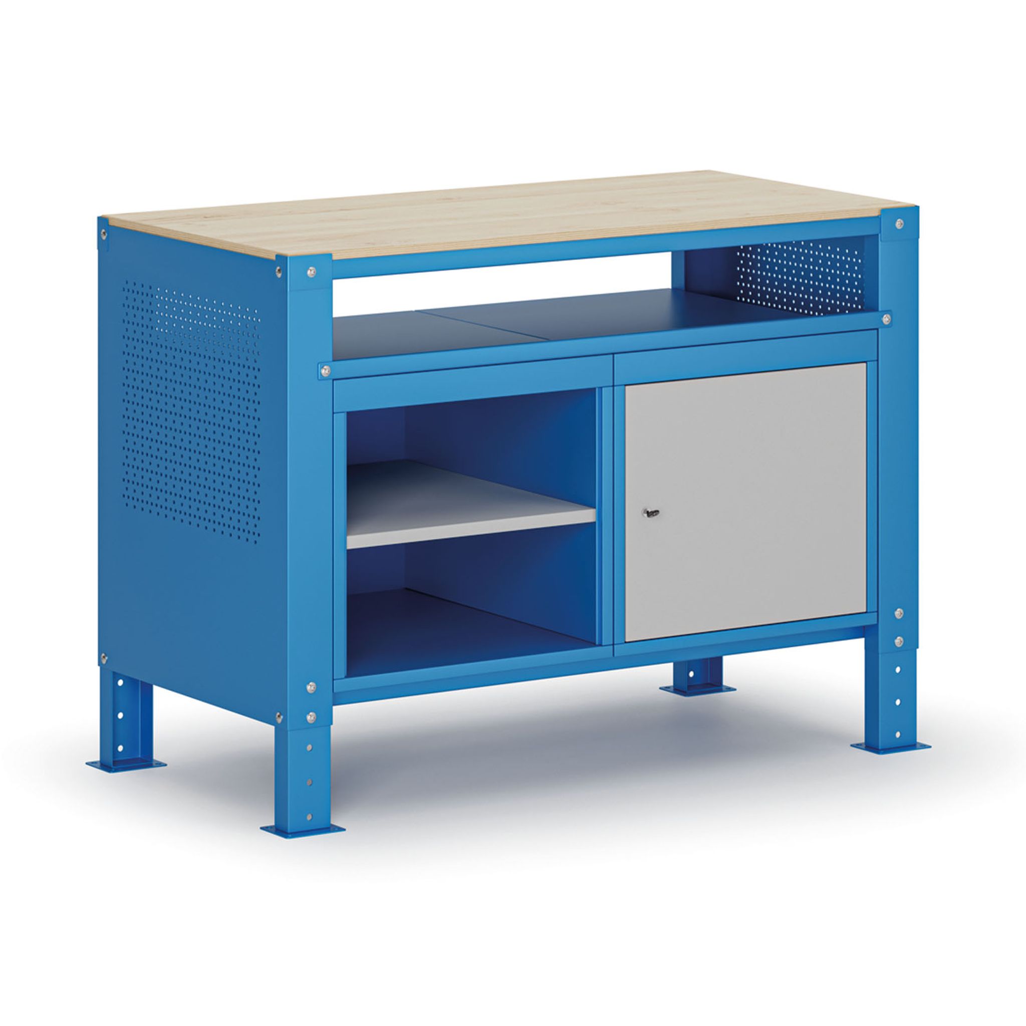 Werkbank G9, 2 Ablagen, 1 Schrank, höhenverstellbar, 1180 x 595 x 715-975 mm, grau/blau