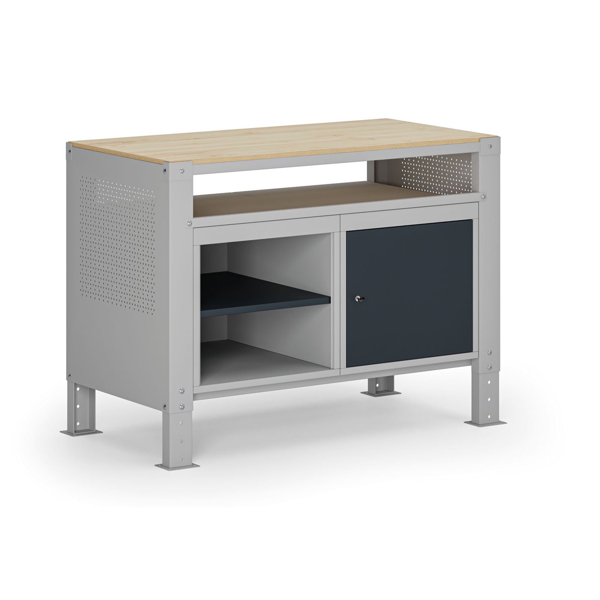 Werkbank G9, 2 Ablagen, 1 Schrank, höhenverstellbar, 1180 x 595 x 715-975 mm, grau/Graphit