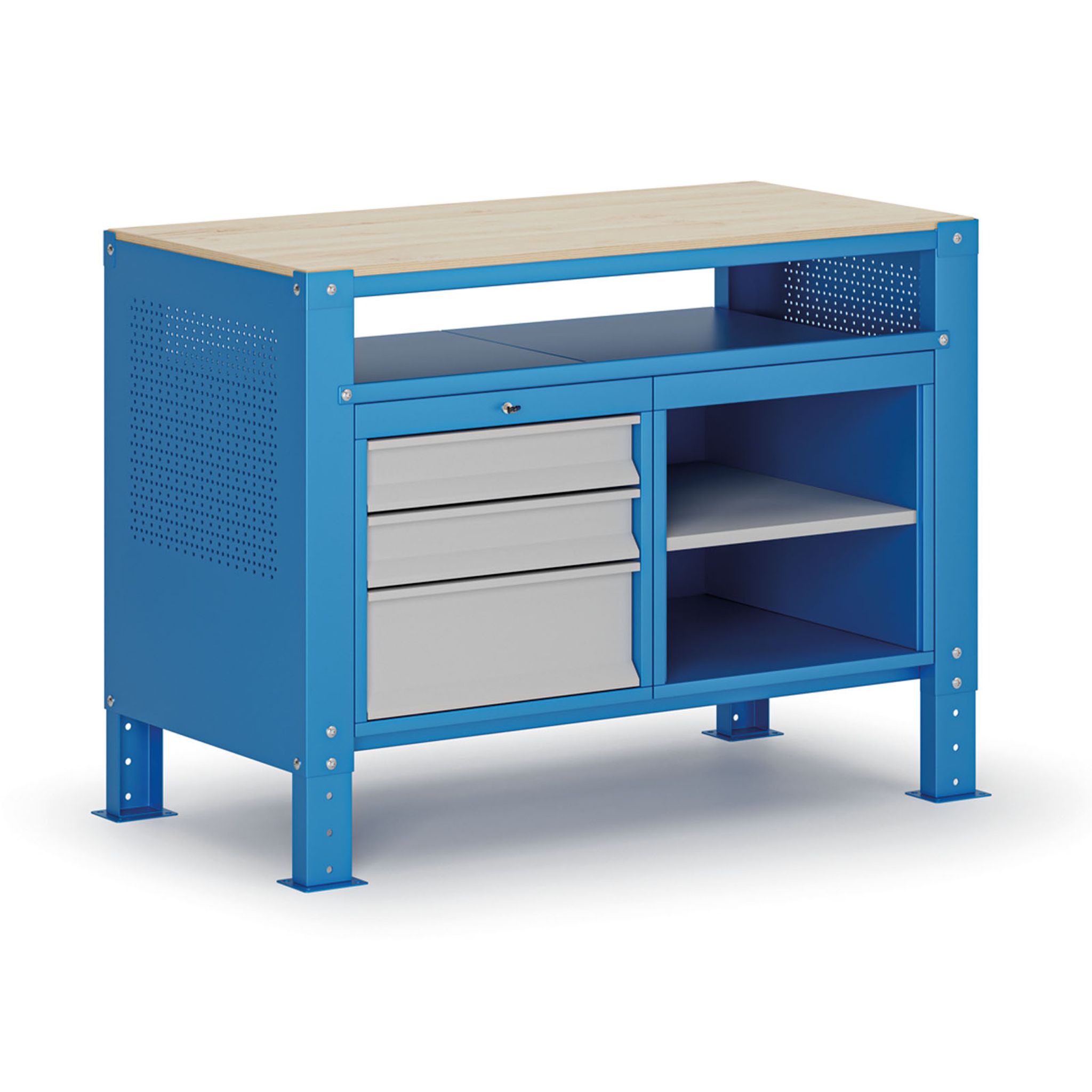 Werkbank G9, 2 Ablagen, 3 Schubladen, höhenverstellbar, 1180 x 595 x 715-975 mm, grau/blau
