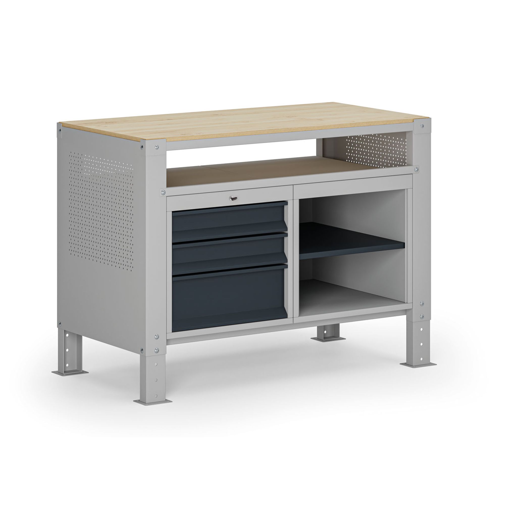 Werkbank G9, 2 Ablagen, 3 Schubladen, höhenverstellbar, 1180 x 595 x 715-975 mm, grau/Graphit