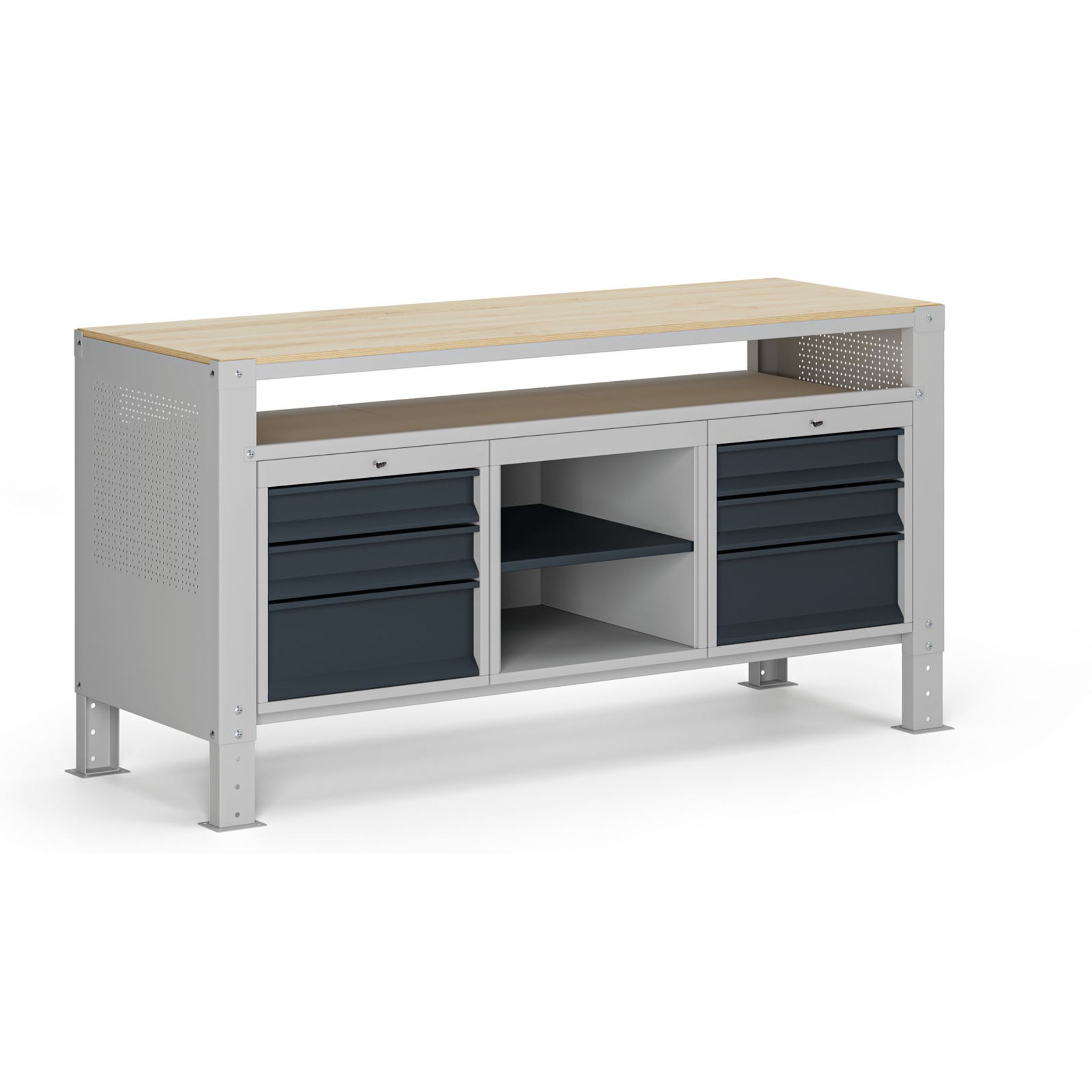 Werkbank G9, 2 Ablagen, 6 Schubladen, höhenverstellbar, 1690 x 595 x 715-975 mm, grau/Graphit