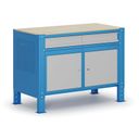 Werkbank G9, 2 Schränke, 2 Schubladen, höhenverstellbar, 1180 x 595 x 715-975 mm, grau/blau