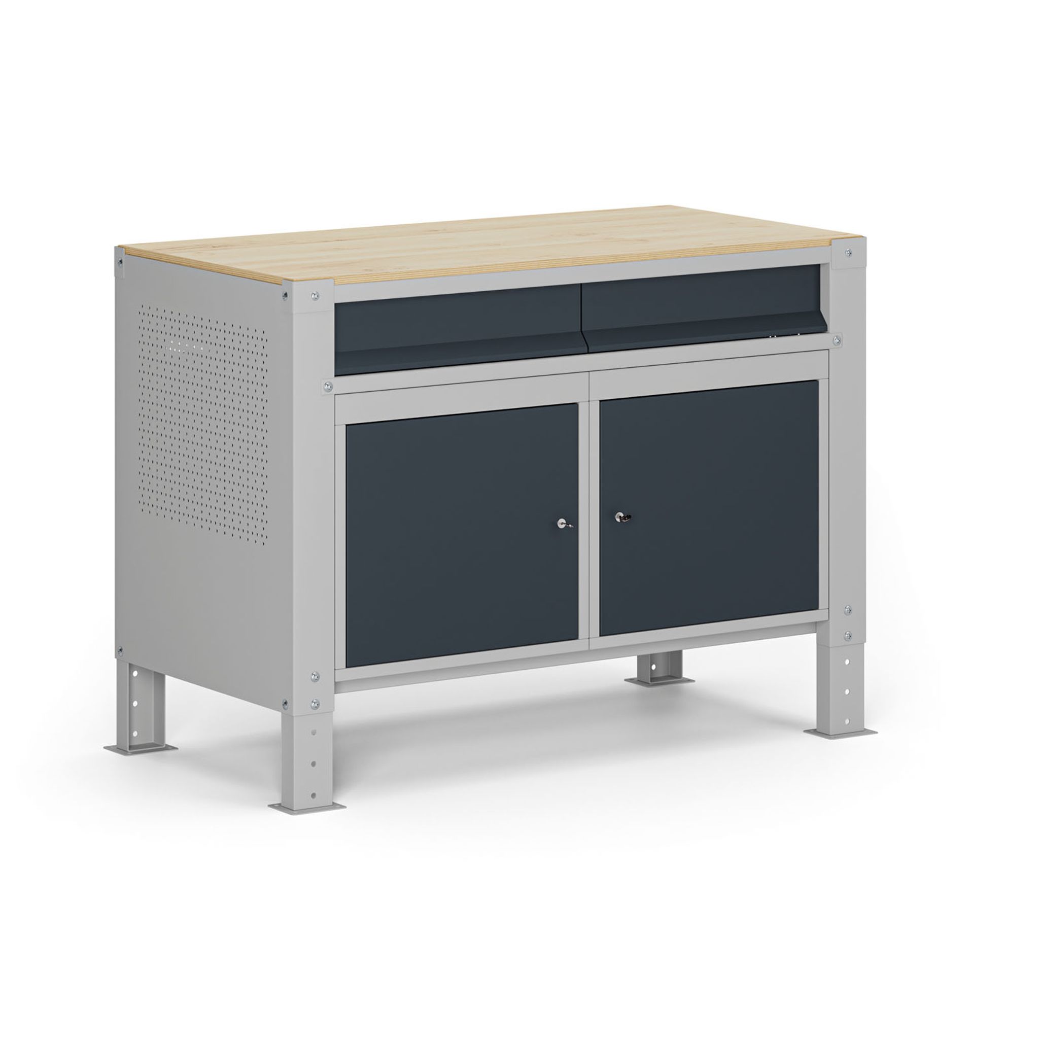 Werkbank G9, 2 Schränke, 2 Schubladen, höhenverstellbar, 1180 x 595 x 715-975 mm, grau/Graphit