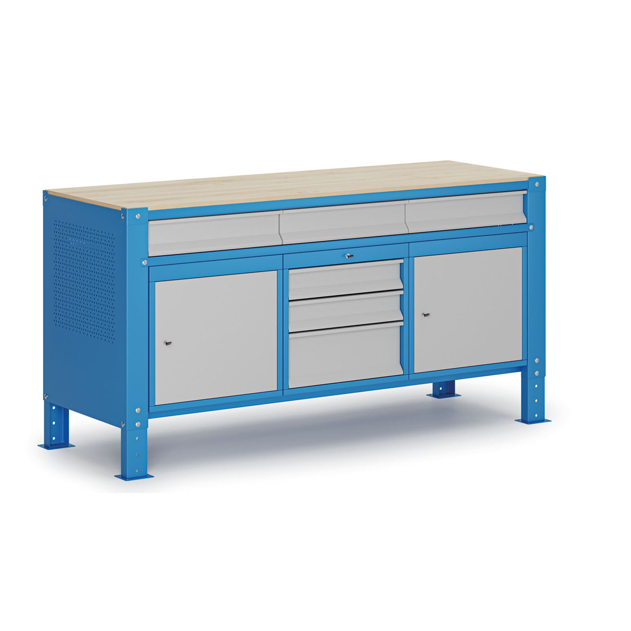 Werkbank G9, 2 Schränke, 6 Schubladen, höhenverstellbar, 1690 x 595 x 715-975 mm, grau/blau