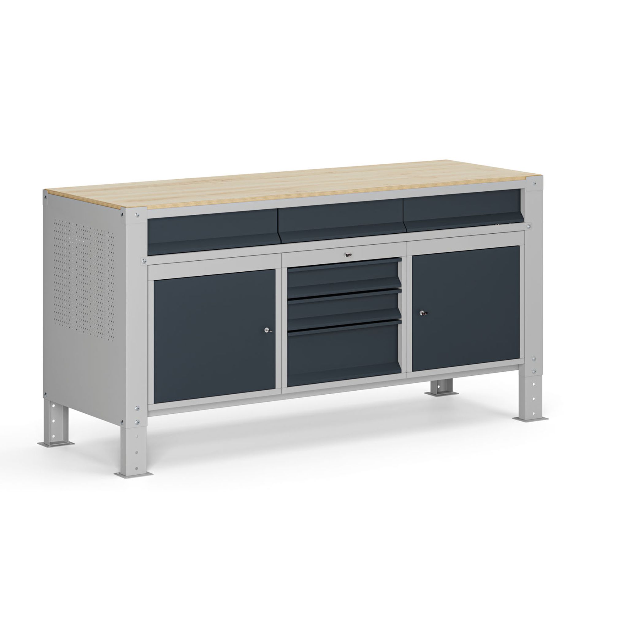 Werkbank G9, 2 Schränke, 6 Schubladen, höhenverstellbar, 1690 x 595 x 715-975 mm, grau/Graphit