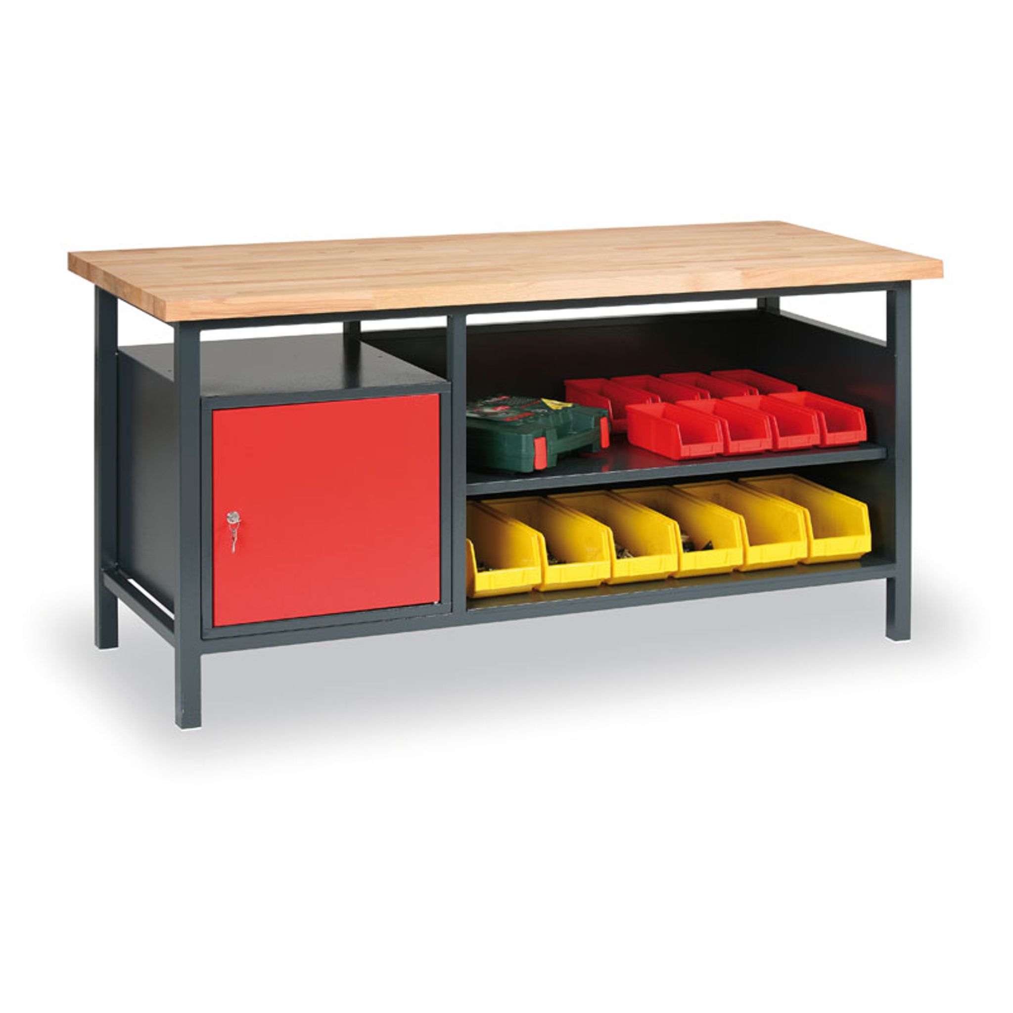 Werkbank GD, Buche-Leimholzplatte, 1 Schrank, 1 Fachboden, 1700 x 685 x 850 mm, Graphit / rot