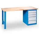 Werkbank GD, Buche-Leimholzplatte, Standbein + Schubladen-Werkzeugkasten, 5 Schubladen, 1200 x 685 x 850 mm, blau