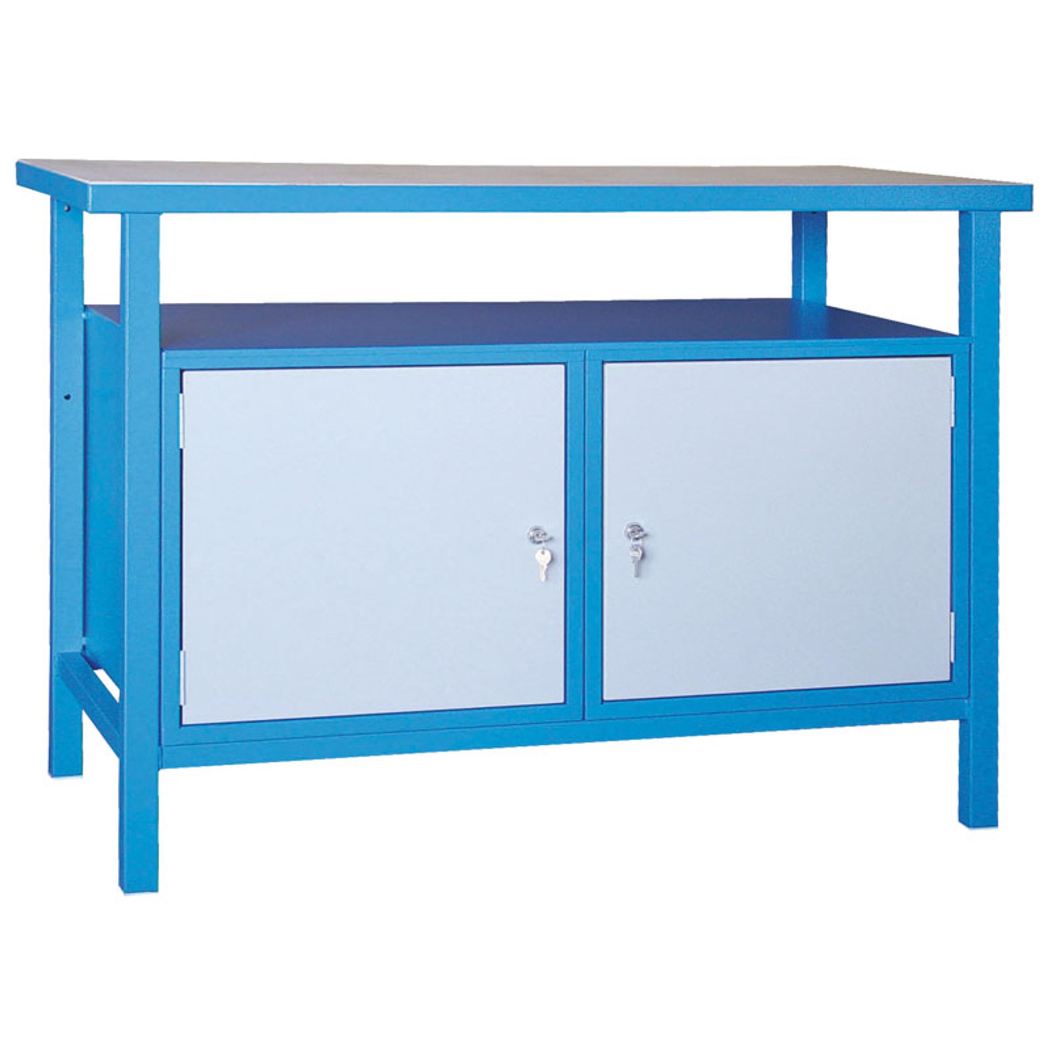 Werkbank GD, Fichte + beidseitig furniertes Fichten-Sperrholz, 2 Schranke, 1190 x 600 x 850 mm, grau