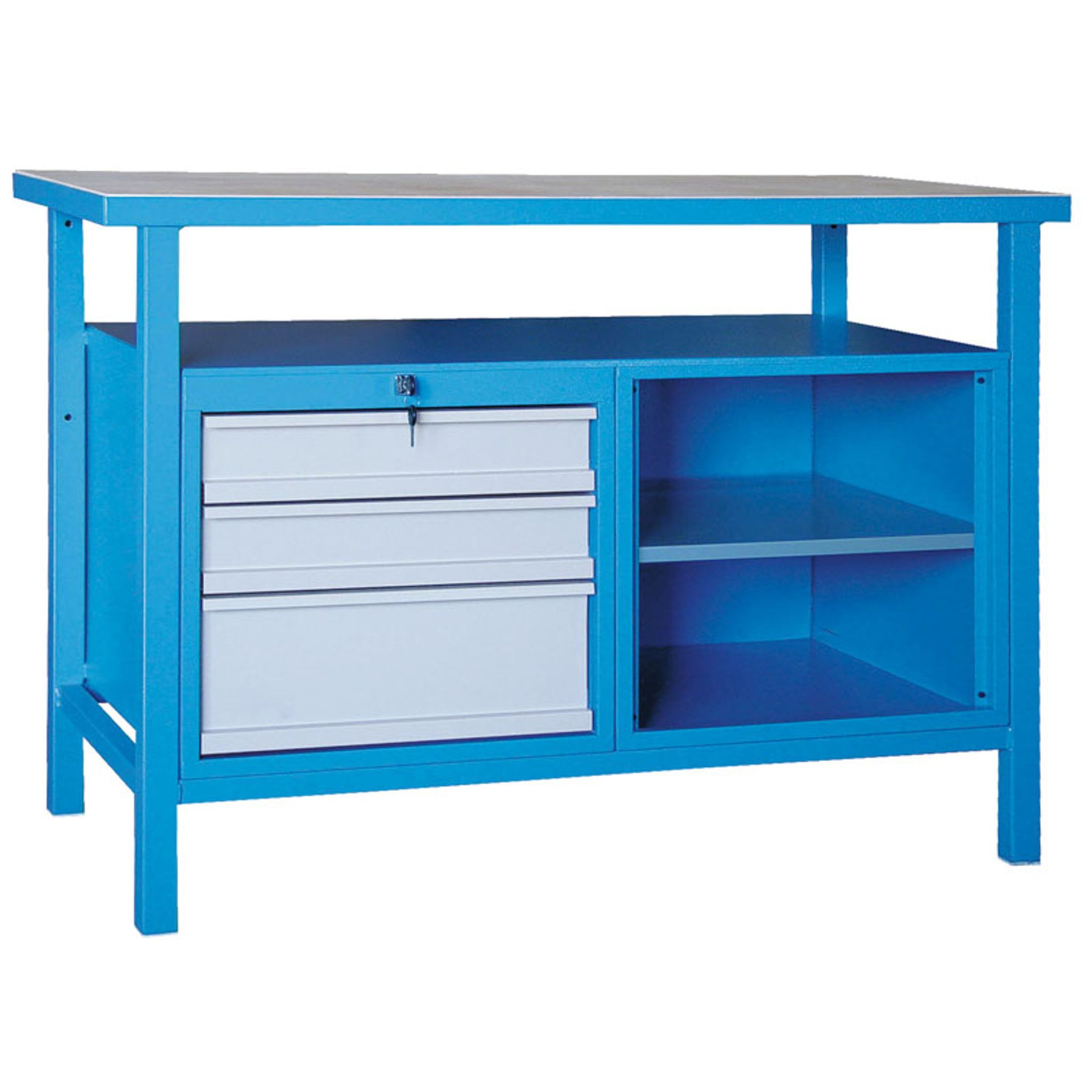 Werkbank GD, Fichte + beidseitig furniertes Fichten-Sperrholz, 3 Schubladen, , 1 Fachboden, 1190 x 600 x 850 mm, grau
