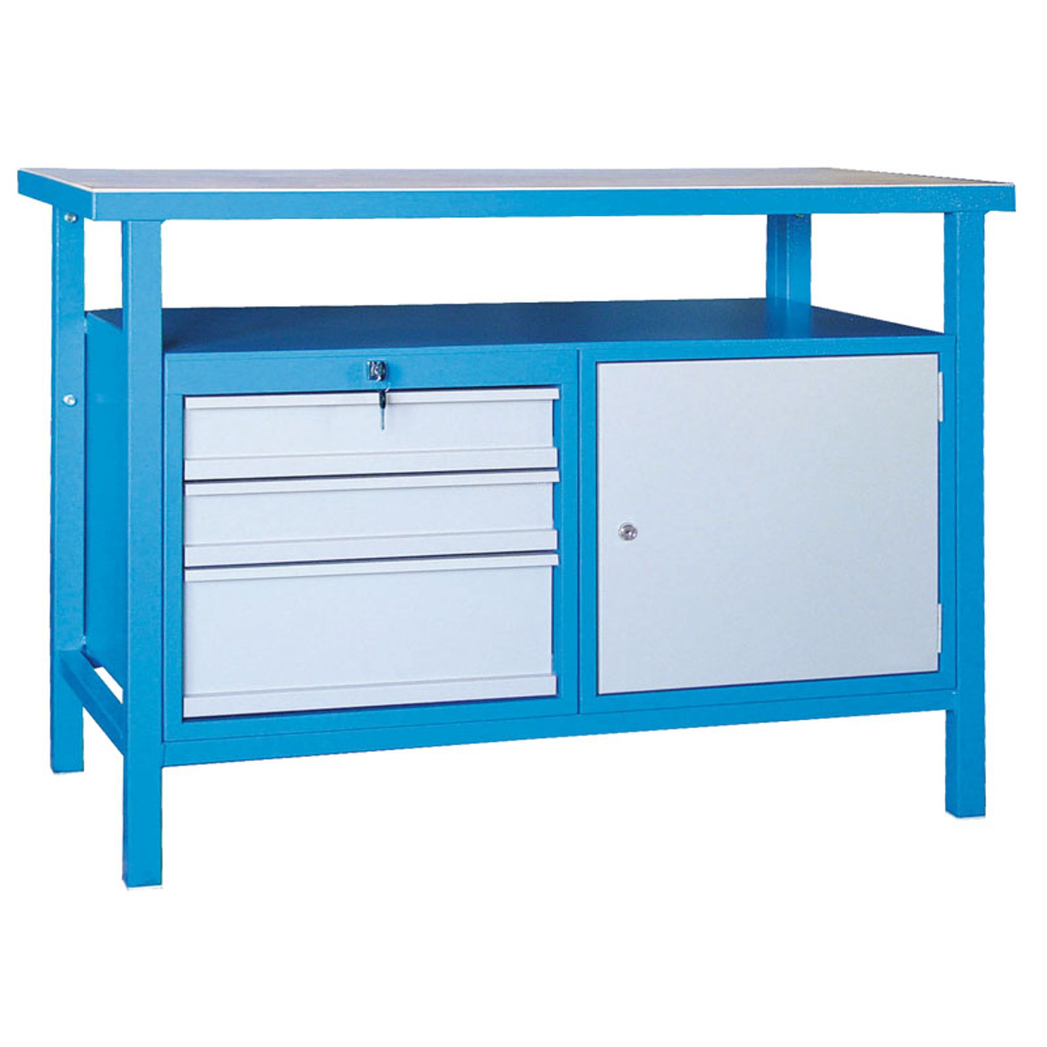 Werkbank GD, Fichte + beidseitig furniertes Fichten-Sperrholz, 3 Schubladen, 1 Schrank, 1190 x 600 x 850 mm, grau