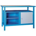 Werkbank GD, Fichte + Buche-Sperrholzplatte, 1 Schrank, 1 Fachboden, 1190 x 600 x 850 mm, blau