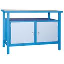 Werkbank GD, Fichte + Buche-Sperrholzplatte, 2 Schranke, 1190 x 600 x 850 mm, blau