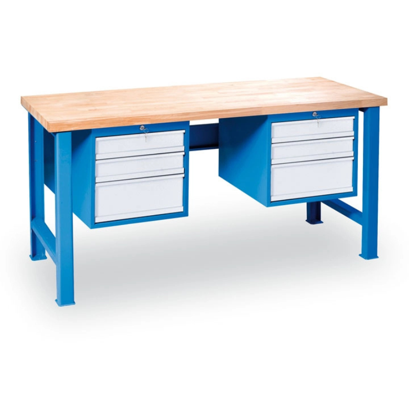B2B Partner Werkbank GD mit 2 Hängecontainern, Buche-Leimholzplatte, 6 Schubladen, 2000 x 685 x 850 mm, blau