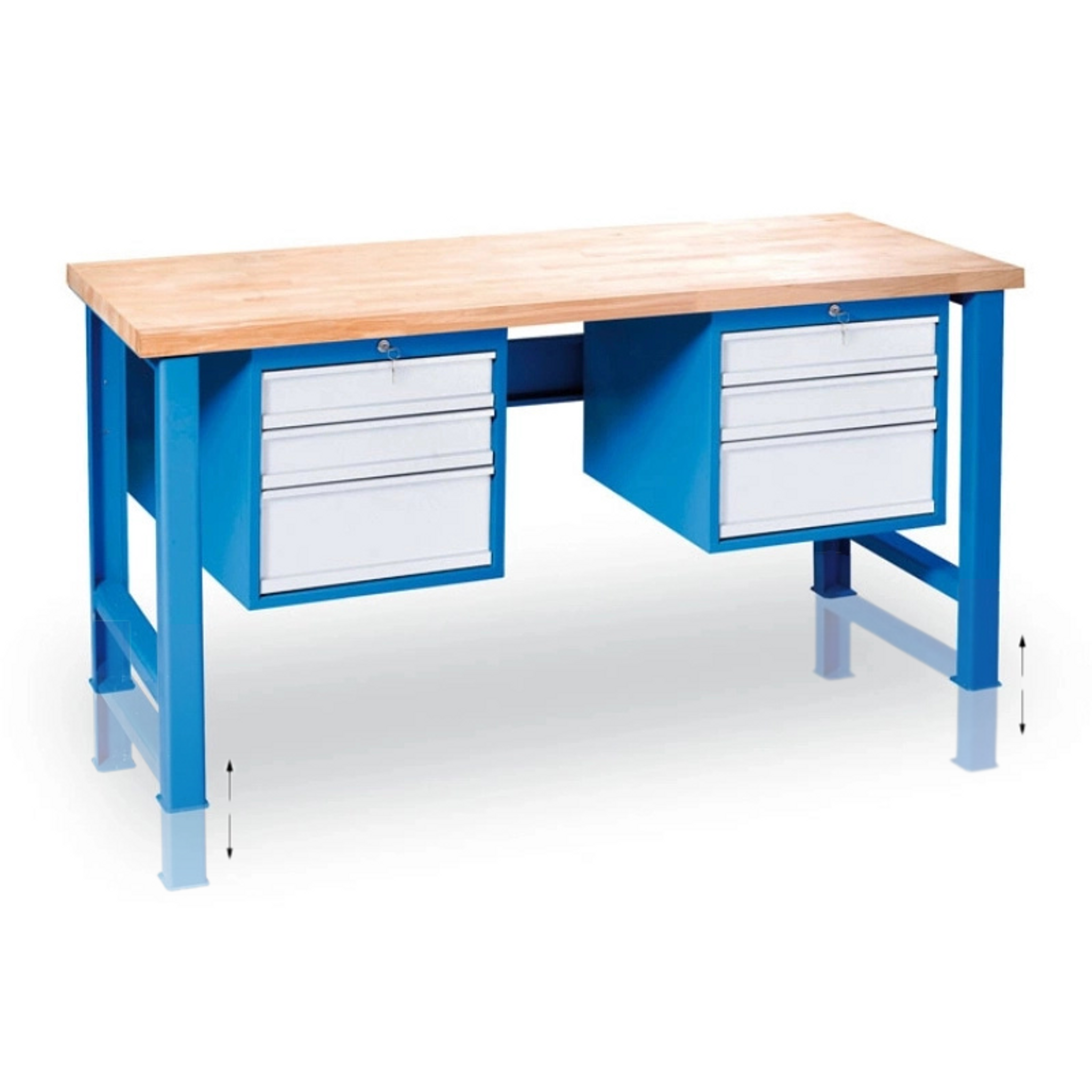 Werkbank GD mit 2 Hängecontainern, höhenverstellbar, Buche-Leimholzplatte, 6 Schubladen, 1700 x 685 x 850 - 1050 mm, blau