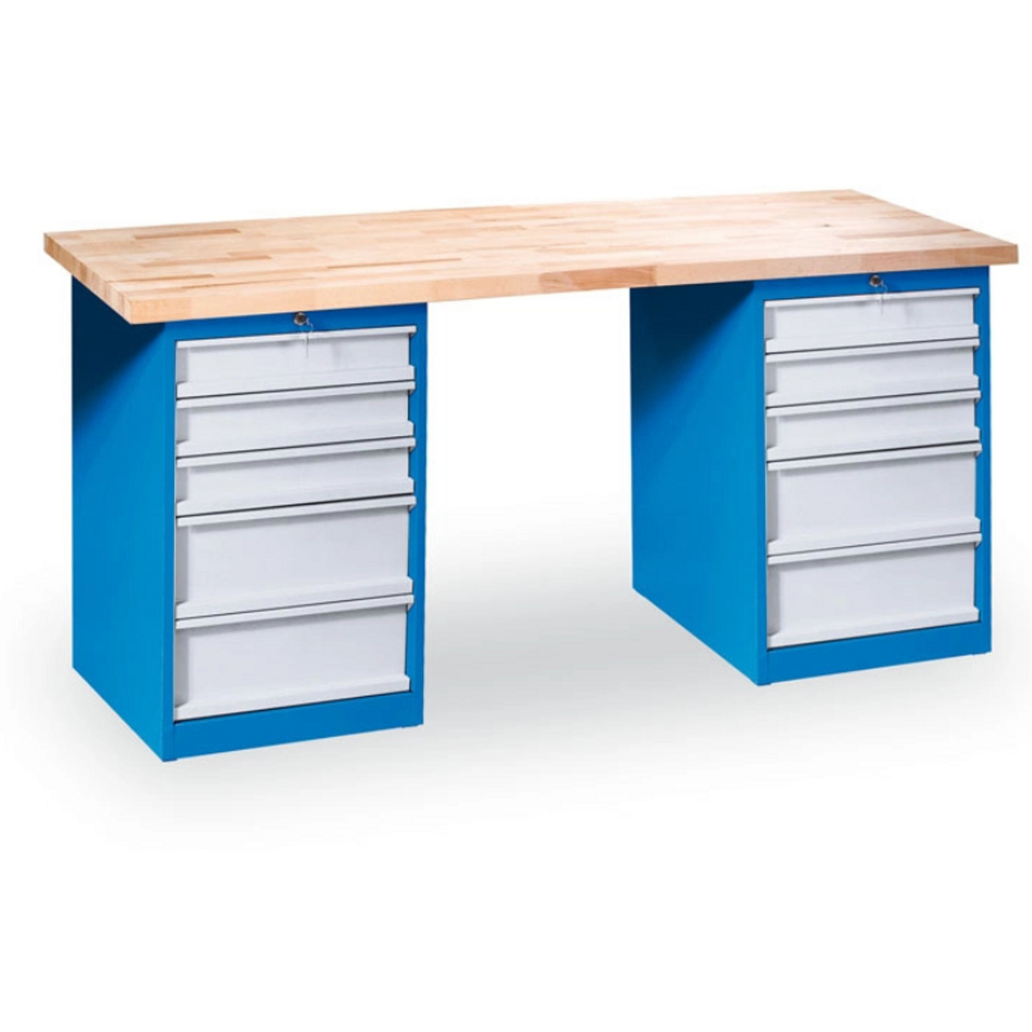 Werkbank GD mit 2 Werkzeugkästen, Buche-Leimholzplatte, 10 Schubladen, 1700 x 800 x 850 mm, blau