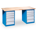 Werkbank GD mit 2 Werkzeugkästen, Buche-Leimholzplatte, 10 Schubladen, 2000 x 685 x 850 mm, blau