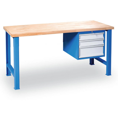 Werkbank GD mit Hängecontainer, Buche-Leimholzplatte, 3 Schubladen, 1200 x 685 x 850 mm, blau