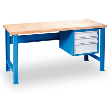 Werkbank GD mit Hängecontainer, Buche-Leimholzplatte, 3 Schubladen, 1700 x 685 x 850 mm, blau