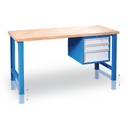 Werkbank GD mit Hängecontainer, höhenverstellbar, Buche-Leimholzplatte, 3 Schubladen, 1200 x 685 x 850 - 1050 mm, blau