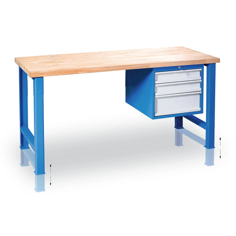 B2B Partner Werkbank GD mit Hängecontainer, höhenverstellbar, Buche-Leimholzplatte, 3 Schubladen, 1500 x 685 x 850 - 1050 mm, blau
