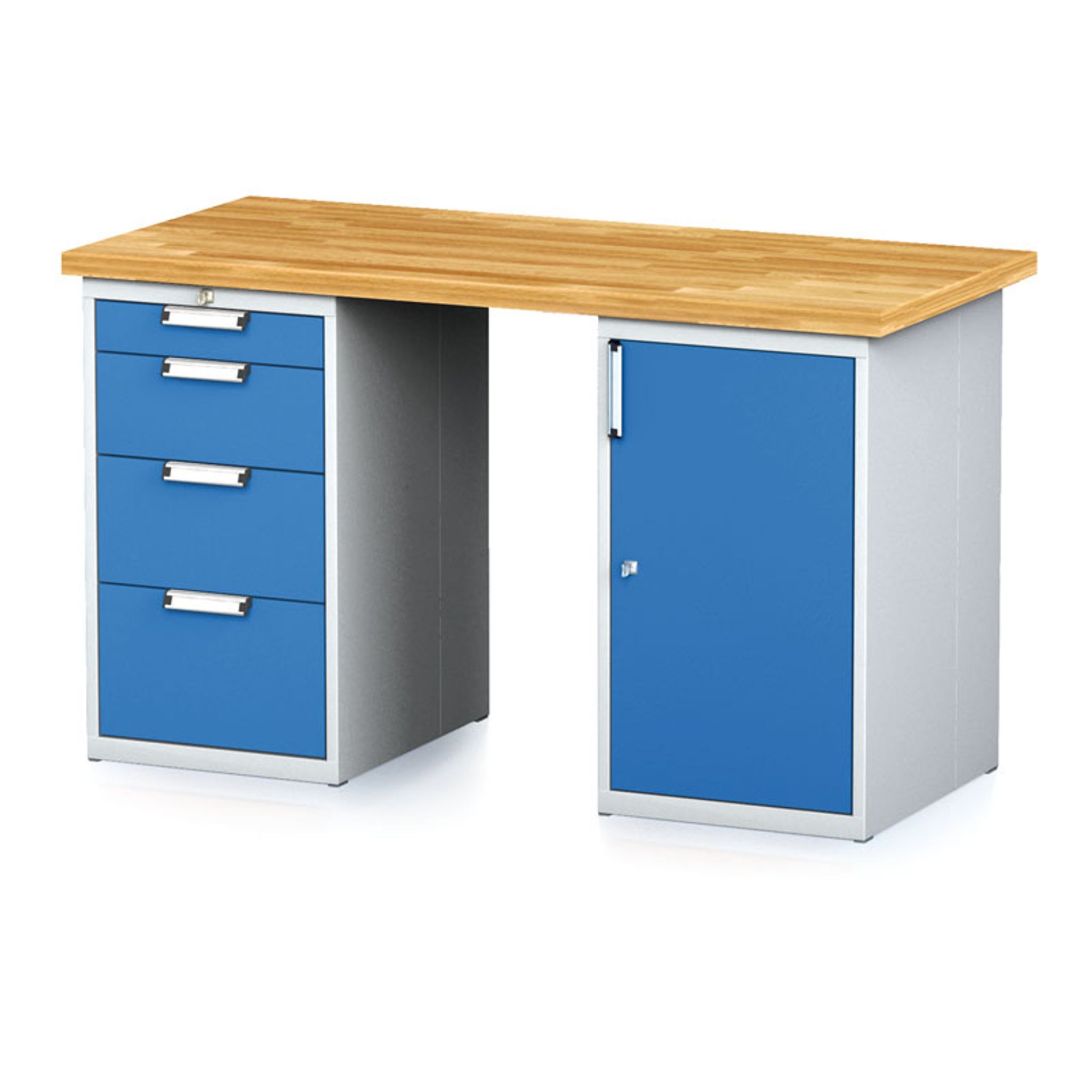 Werkbank MECHANIC, 1500x685x880 mm, 1x 4 Schubladencontainer, 2x Schrank, grau/blau