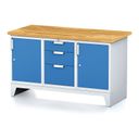 Werkbank MECHANIC, 1500x700x880 mm, 1x 3 Schubladencontainer, 2x Schrank, grau/blau