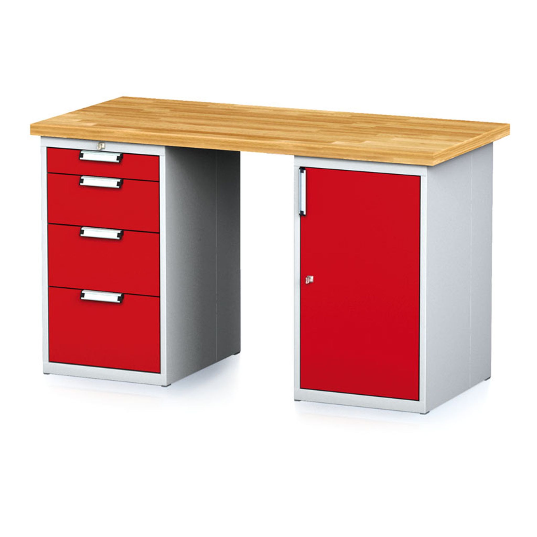 Werkbank MECHANIC, 1500x700x880 mm, 1x 4 Schubladencontainer, 2x Schrank, grau/rot