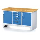 Werkbank MECHANIC, 1500x700x880 mm, 1x 5 Schubladencontainer, 2x Schrank, grau/blau