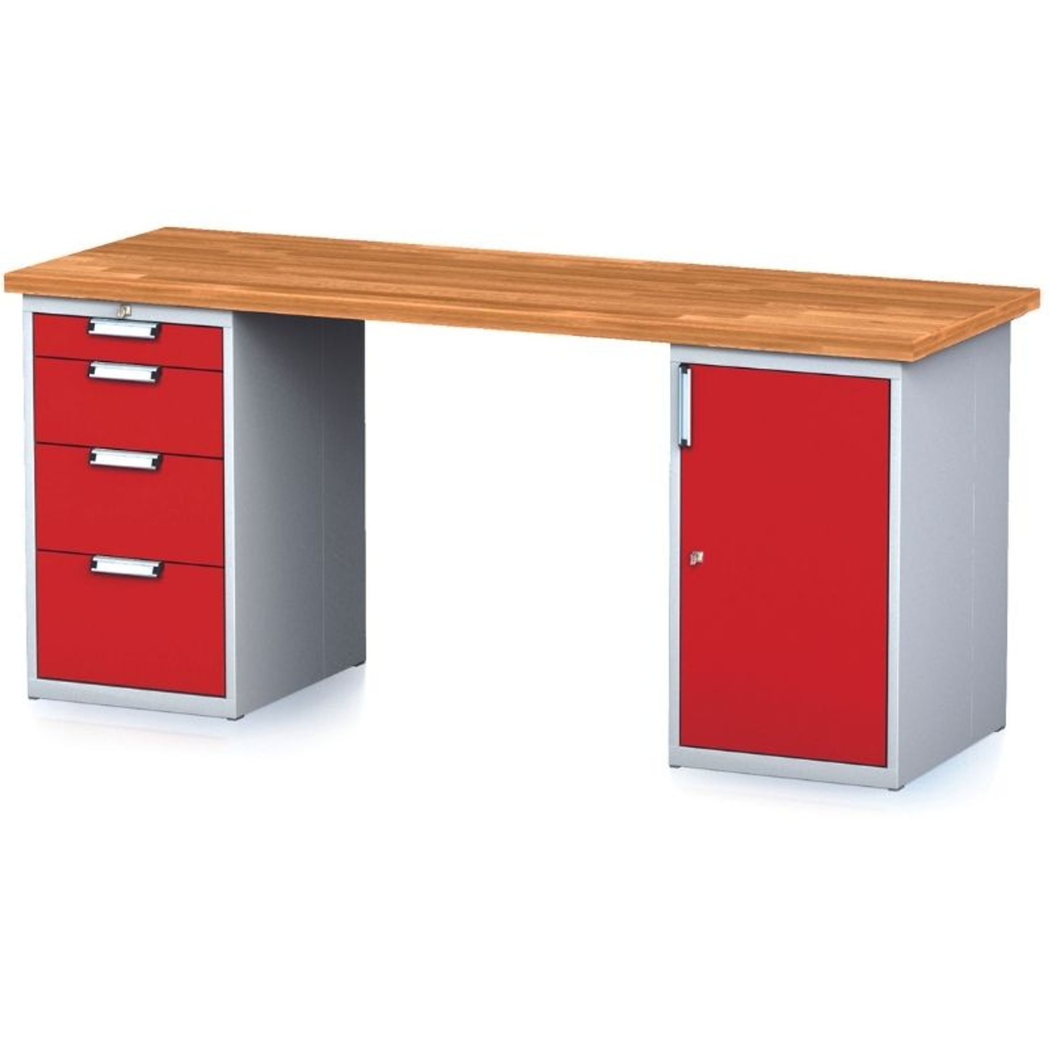 Werkbank MECHANIC, 2000x700x880 mm, 1x 4 Schubladencontainer, 1x Schrank, grau/rot