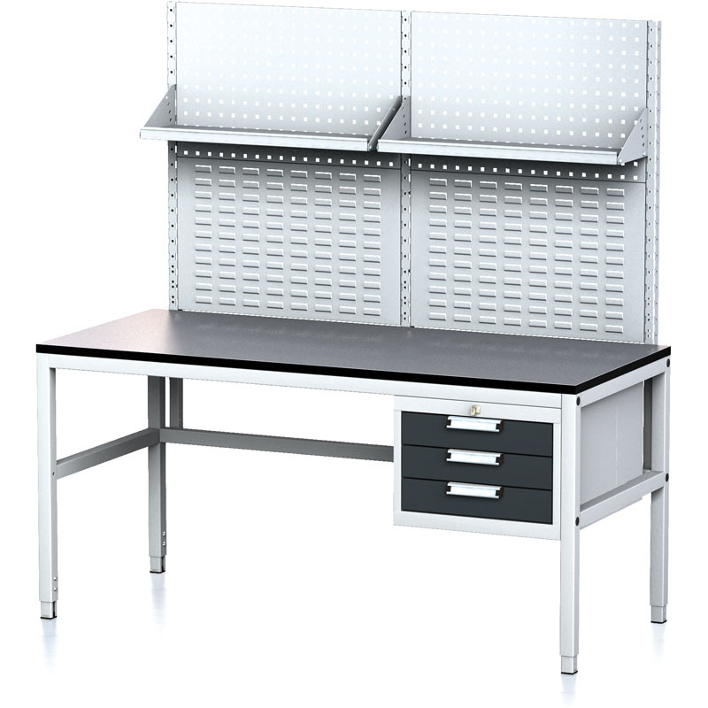 Alfa 3 Werkbank MECHANIC II mit perforierter Platte und Regalböden, 1600x700x745-985 mm, 3-Schubladencontainer, Grau/Graphit
