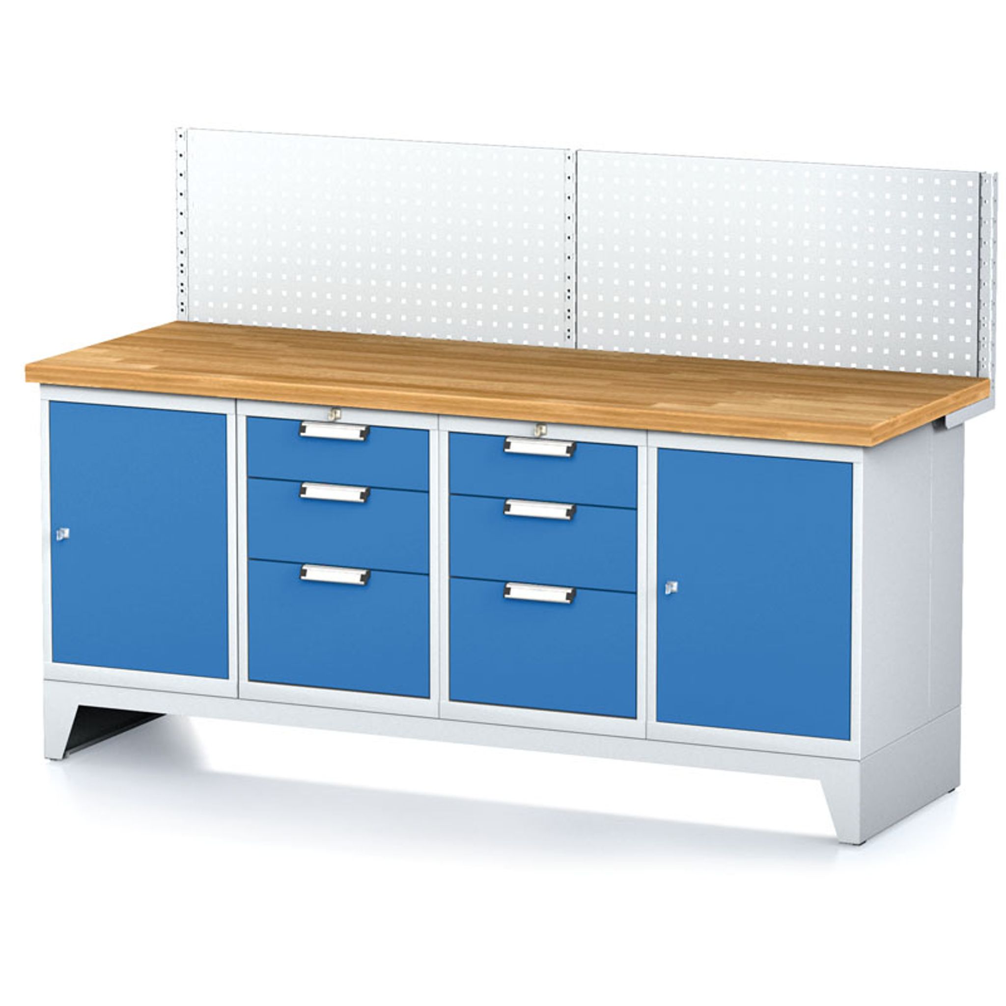Werkbank MECHANIC mit Aufbau, 2000x685x880 mm, 2x 3 Schubladencontainer, 2x Schrank, grau/blau