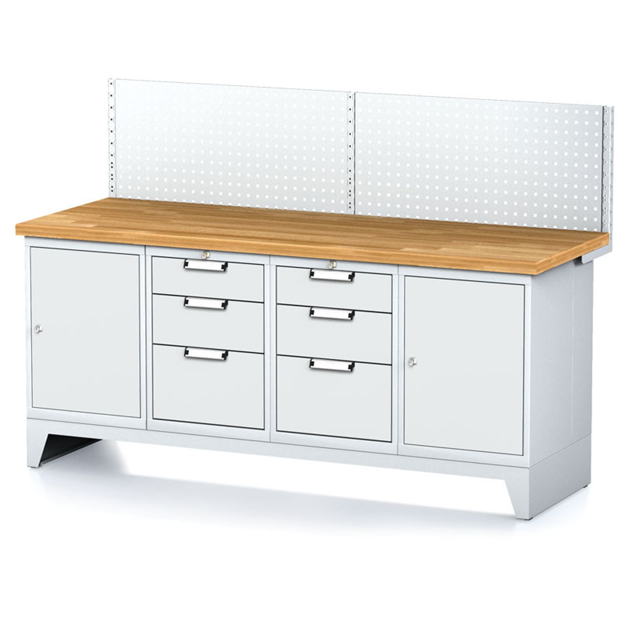 Werkbank MECHANIC mit Aufbau, 2000x685x880 mm, 2x 3 Schubladencontainer, 2x Schrank, grau/grau
