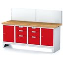 Werkbank MECHANIC mit Aufbau, 2000x685x880 mm, 2x 3 Schubladencontainer, 2x Schrank, grau/rot