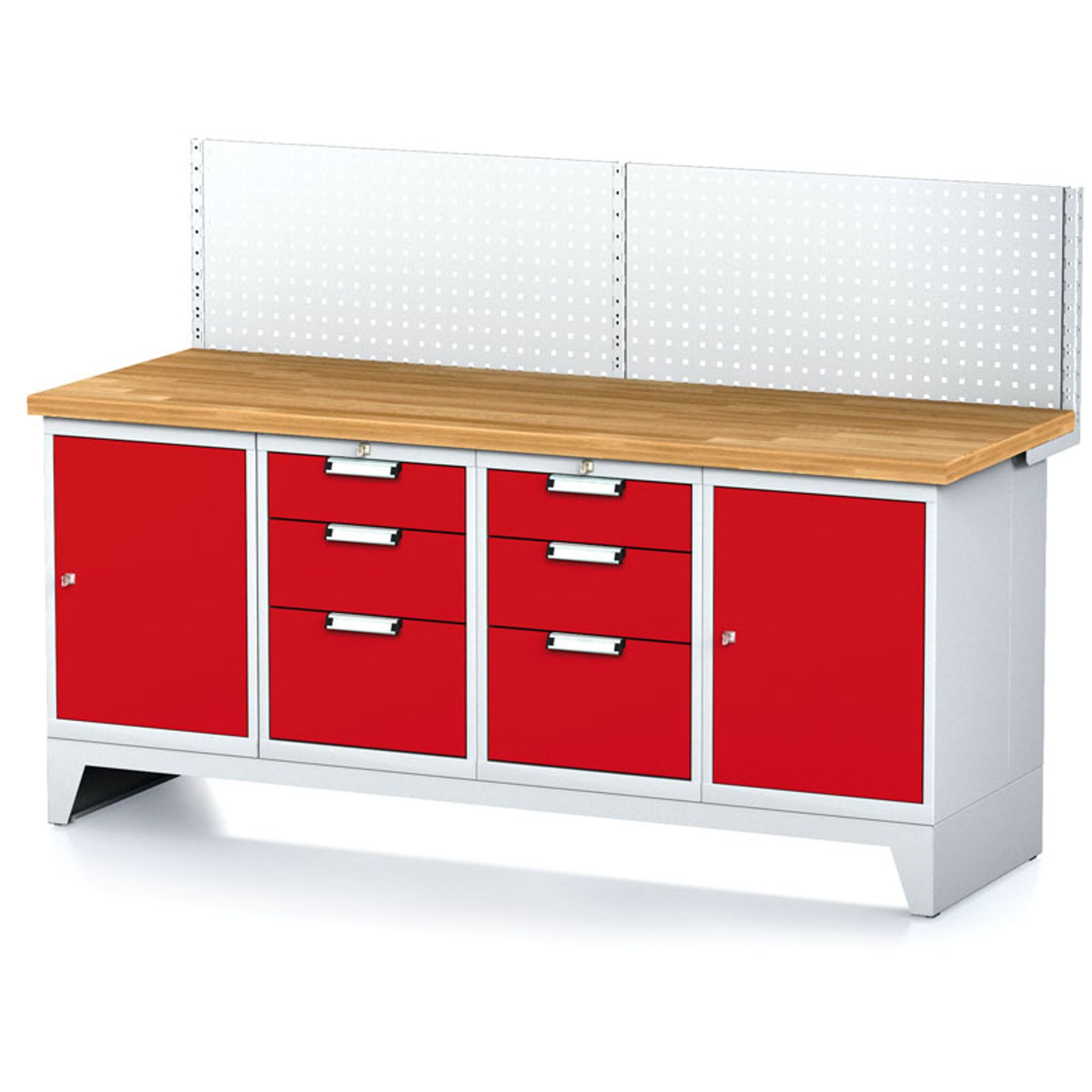 Werkbank MECHANIC mit Aufbau, 2000x685x880 mm, 2x 3 Schubladencontainer, 2x Schrank, grau/rot
