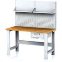 Werkbank MECHANIC mit Aufbau und Regal, 1500x685x700-1055 mm, höhenverstellbare Unterlage, 1x 1 Schubladencontainer, grau/grau