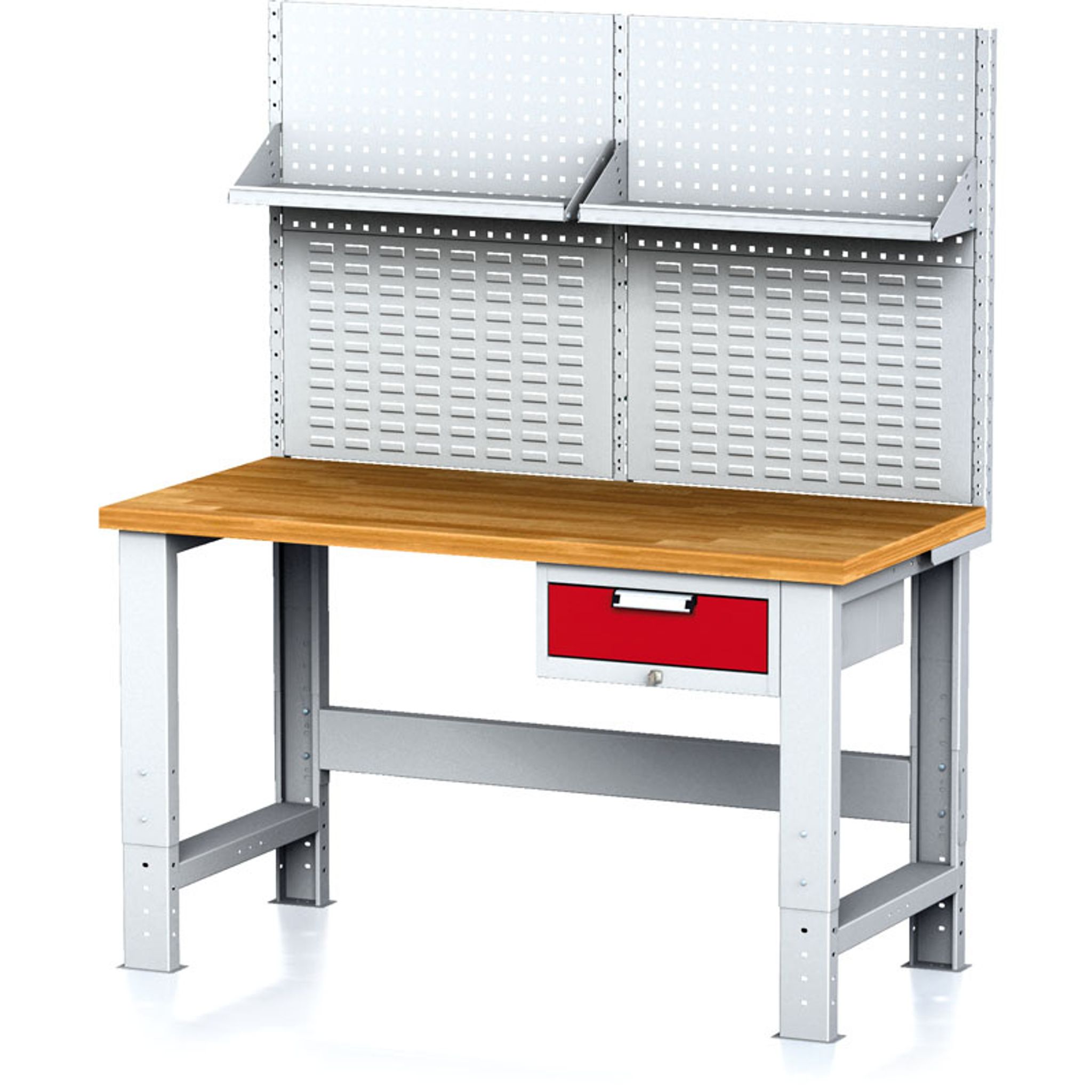 Werkbank MECHANIC mit Aufbau und Regal, 1500x685x700-1055 mm, höhenverstellbare Unterlage, 1x 1 Schubladencontainer, grau/rot