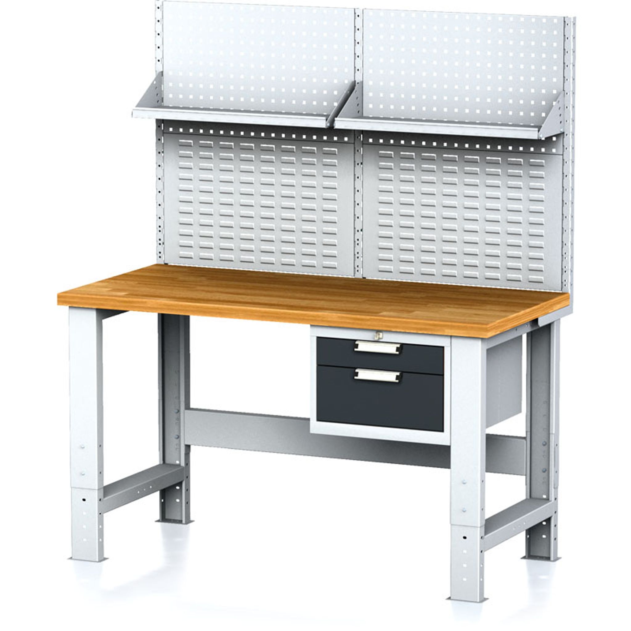 Werkbank MECHANIC mit Aufbau und Regal, 1500x685x700-1055 mm, höhenverstellbare Unterlage, 1x 2 Schubladencontainer, grau/Anthrazit